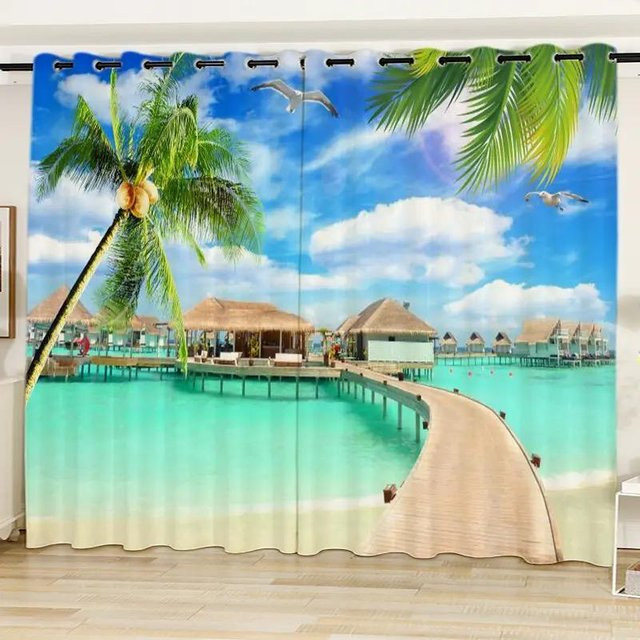 Yiran Furniture Vorhang Set mit Meer-Motiv in Blau und Multicolour, 2 Paneele, halbtransparent, Polyester, Breite: 140 cm, Höhe: 160 cm - Bild 1