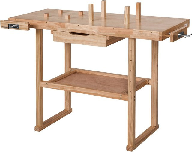 tectake Holzwerkbank aus Holz in Braun mit 2 Schraubstöcken, 4 Stirnhölzern und 4 Bankhaken, B/T/H: 117 x 47,5 x 83 cm - Bild 1