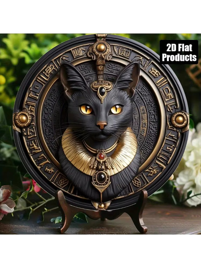 Potdemiel Retro-Wandkunstschild aus Aluminium mit Katzenmotiv in Schwarz und Gold, rund, Durchmesser: 20,32 cm - Bild 7