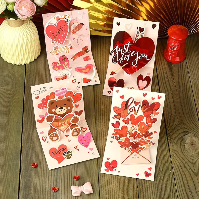 3D-Popup-Karte mit herzförmigem Bärenmotiv in Rosa und Rot mit Goldfolienprägung - Bild 4
