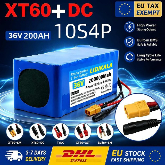 Wiederaufladbare 36V 200000mAh Lithium-Batterie 10S4P in Blau mit XT60 und Gleichstromstecker für Elektrofahrräder - Bild 1