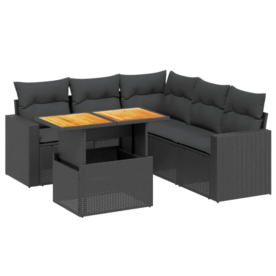 vidaXL 6-teilige Garten-Sofagarnitur aus Poly-Rattan und Akazienholz in Schwarz mit Kissen - Bild 2