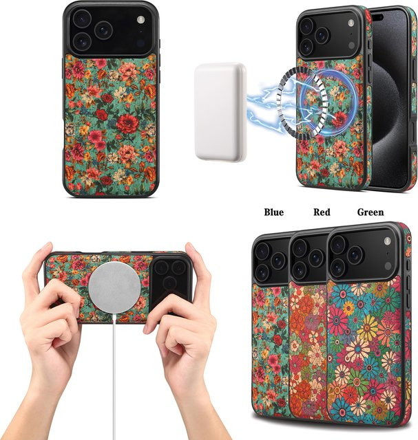 Denior Handyhülle mit Vintage Blumenmuster für iPhone 17/16/15/14/13/12 Pro Max, Stoßfest und MagSafe kompatibel, Blau/Mehrfarbig - Bild 1