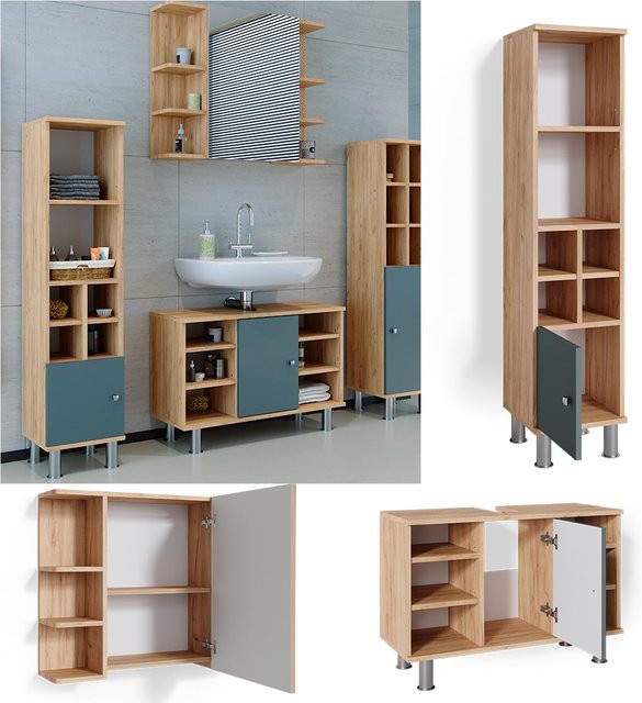 Vicco Badmöbelset Fynn in Grün/Goldkraft Eiche, 3-teilig mit Waschtischunterschrank Breite: 80 cm, Spiegelschrank und Midischrank - Bild 1