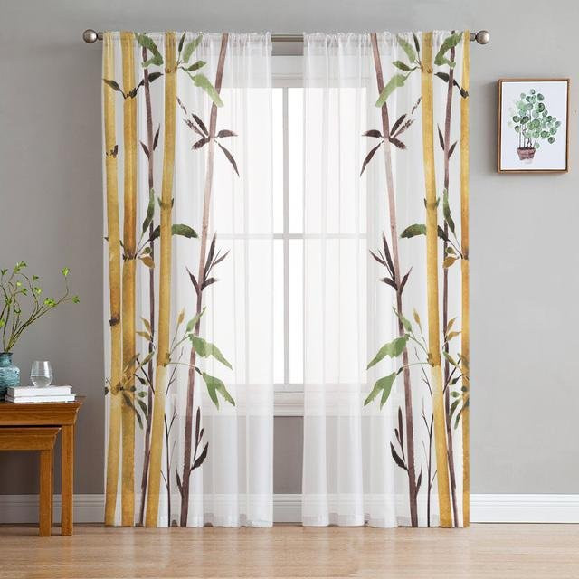 Transparenter Tüll-Vorhang mit grünem Bambusblatt-Design von A Family Of Home Textiles, Voile-Fensterdekoration für Wohnzimmer, Schlafzimmer oder Küche, Breite: 135 cm, Höhe: 244 cm - Bild 1