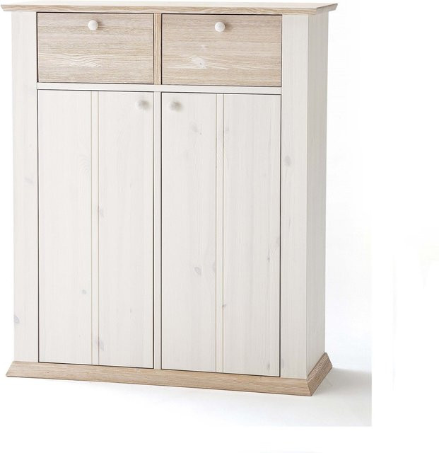 Wäscheschrank Göteborg aus massiver Kiefer im Landhausstil, Weiß, mit Türen und Schubladen - Bild 1
