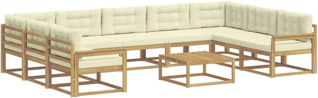 vidaXL Outdoor-Sofagarnitur aus massivem Akazienholz mit 10 Kissen in Weiß und Beige - Bild 1
