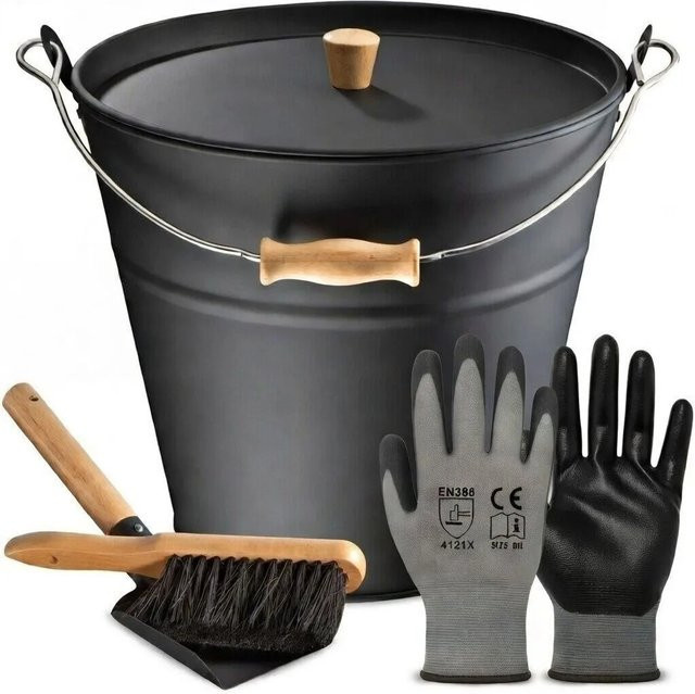 BLACK OAK Ascheeimer FUEGO aus Metall in Schwarz mit Deckel, Holzknopf, Schaufel und Feger, 10 l, B/T/H: 30 x 30 x 29 cm - Bild 1