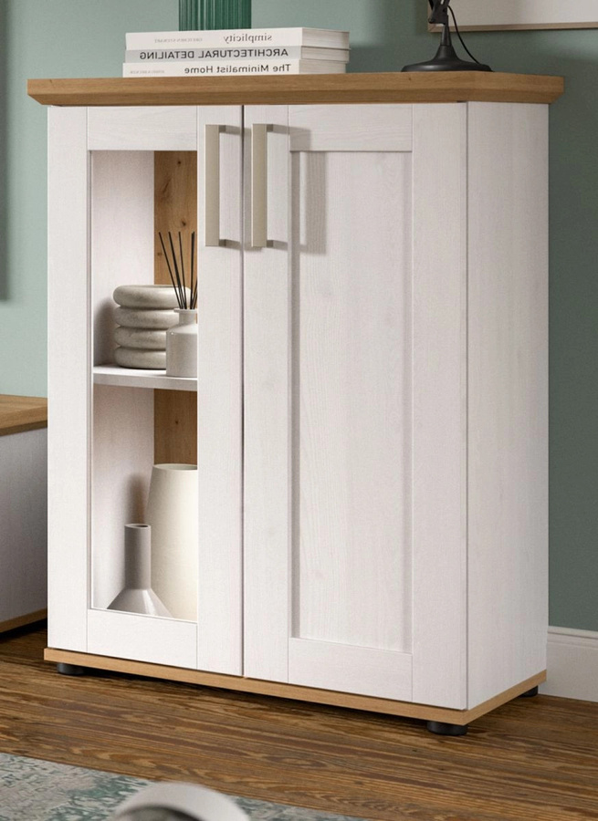 Vitrine Mirano Landhausstil aus Lärche in Weiß mit Glastüren und Regalböden, B/H: 64 x 88 cm - Bild 1