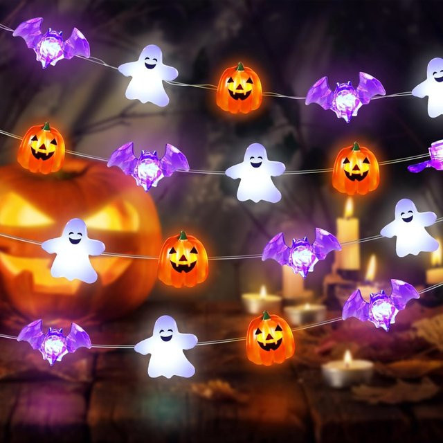 Peach Forest Halloween LED Kupferdraht Lichterkette mit Mini Geistern, Kürbissen und Fledermäusen, wasserdicht, batteriebetrieben, Mehrfarbig - Bild 1