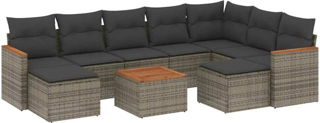 vidaXL 10-teilige Garten-Sofagarnitur aus Poly-Rattan und Akazienholz in Grau mit Kissen - Bild 1