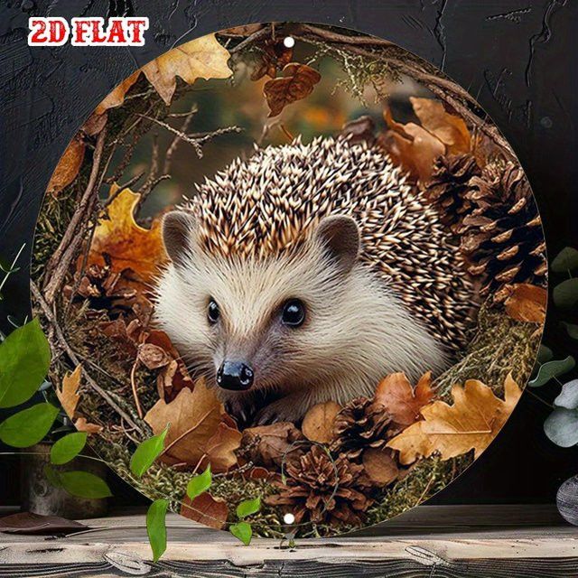 Potdemiel Rundes Aluminiumschild Vintage Igel und Herbstblätter Durchmesser: 19,99 cm - Bild 1