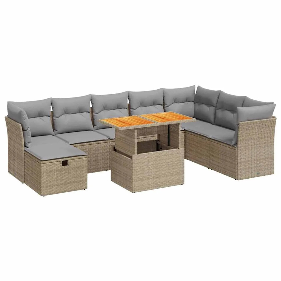 vidaXL 9-teilige Garten-Sofagarnitur in U-Form aus Polyrattan und Akazie mit Kissen in Beige - Bild 2