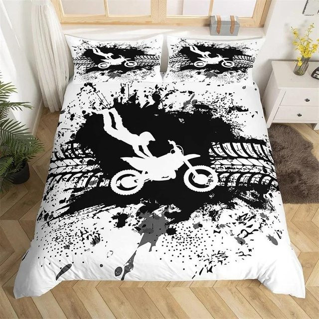 Binchi Outdoor Product Motocross Bettwäsche-Set aus Mikrofaser mit 3D-Motiv für Jugendliche, Bettbezug und Kissenbezug, Farbe: Weiß, B/H: 240 x 220 cm - Bild 1