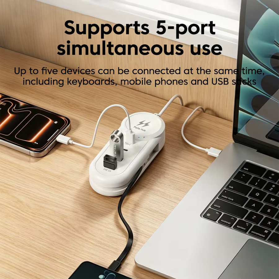 USB-C Schnellladegerät PD Typ-C Wandadapter mit Mehrfach-USB-Hub und Verlängerungskabel in Weiß - Bild 5