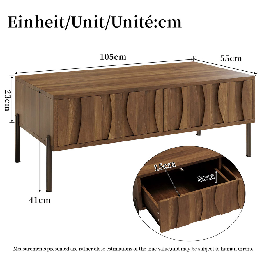 PINGGO Retro Couchtisch in Braun mit klassischem Design, B/T/H: 105 x 55 x 4 cm - Bild 3