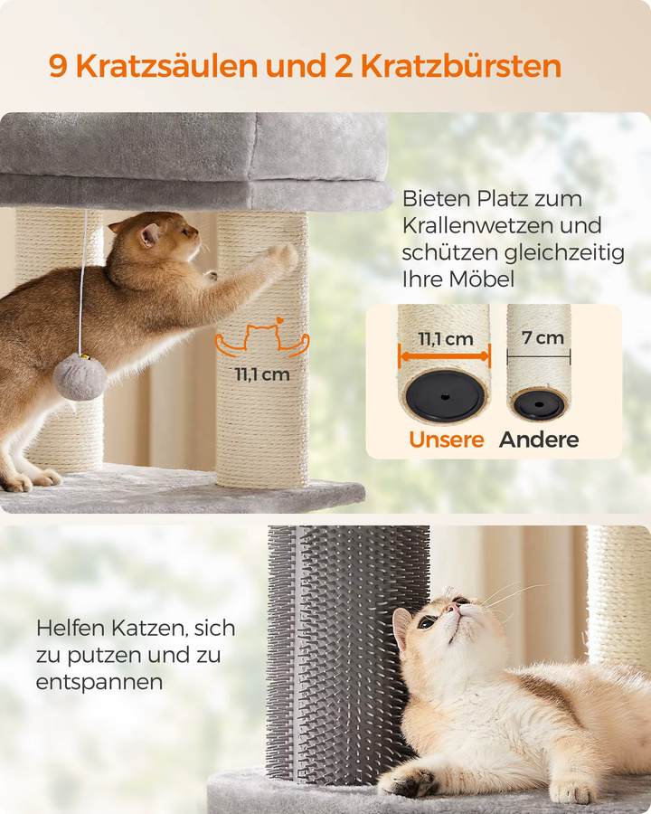 FEANDREA Kratzbaum für Katzen mit selbstwärmenden Decken, Katzenbürsten und großen Plattformen in Grau und Schwarz - Bild 2