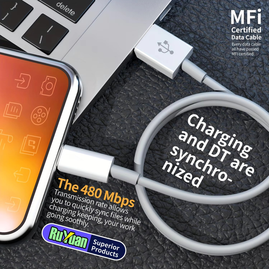 LAIHONEN MFi-zertifiziertes Lightning auf USB-A Ladekabel für iOS in Weiß - Bild 5