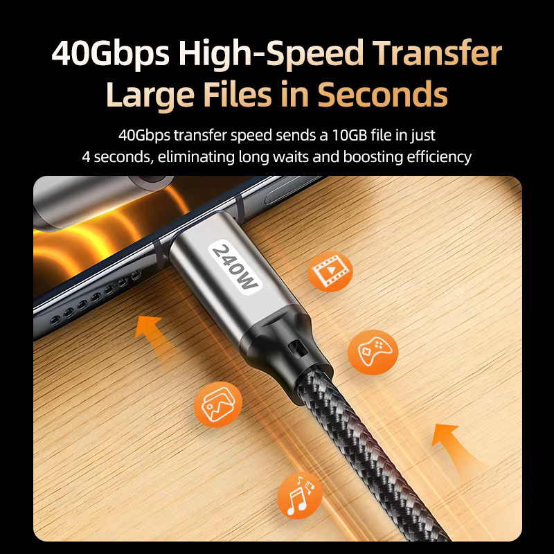 WANJEED USB4 USB-C-auf-USB-C-Kabel in Schwarz mit 40 Gbit/s Datenübertragung, 240 W 5 A PD-Schnellladung und 8K@120Hz Videoausgabe, geflochten - Bild 3