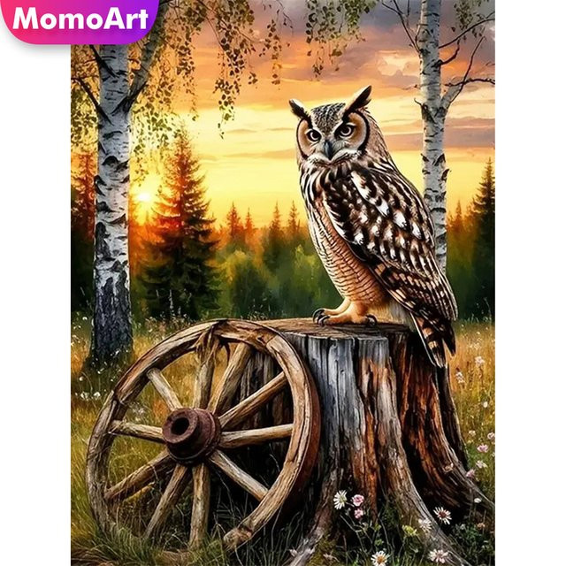 Momoart Diamant-Stickerei Eule als DIY-Wandkunst mit Sonnenuntergang, rund, mehrfarbig, B/D: 30 x 20 cm - Bild 1