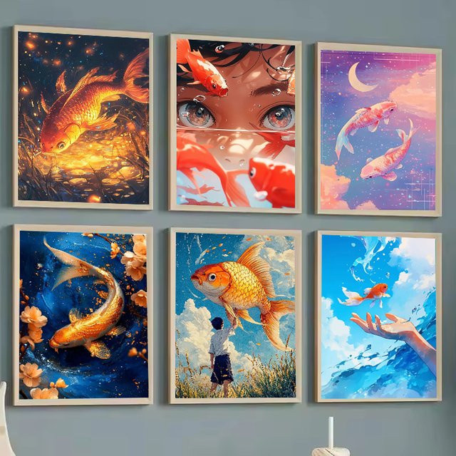 Potdemiel Klassisches Leinwandgemälde mit goldenen Koi-Fischen als surreales Wandbild zur Wohnzimmerdekoration - Bild 1
