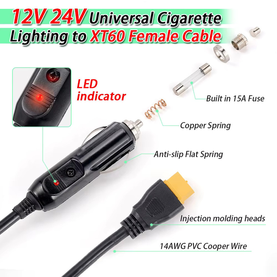 Universal Auto Zigarettenanzünder auf XT60 Ladekabel für 12V 24V, 1,5 m Länge, Schwarz - Bild 2