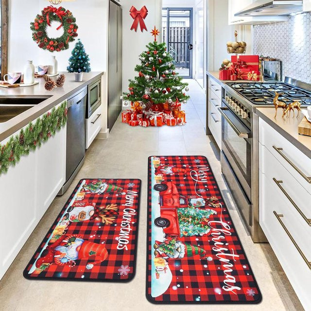 VIKAMA 2er-Set Küchenläufer Weihnachten in Rot und Schwarz mit Buffalo Plaid, Gnome und Truck Design - Bild 1