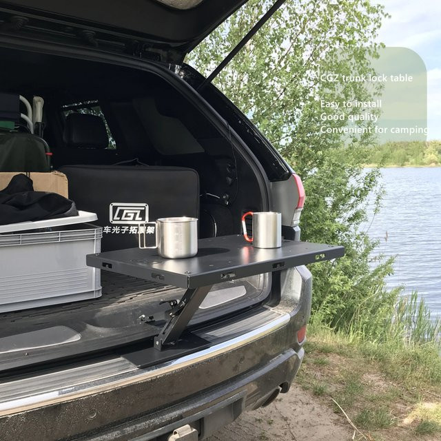 CARTRIMHOME Auto-Campingtisch für Jeep Grand Cherokee WK2 2011–2021, tragbarer Kofferraumschloss-Verriegelungstisch aus Metall in Schwarz Matt - Bild 1