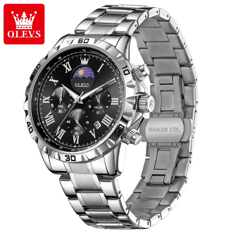 OLEVS Armbanduhr, Quarz, Chronograph, Edelstahl, Schwarz, Silber, Herren - Bild 2
