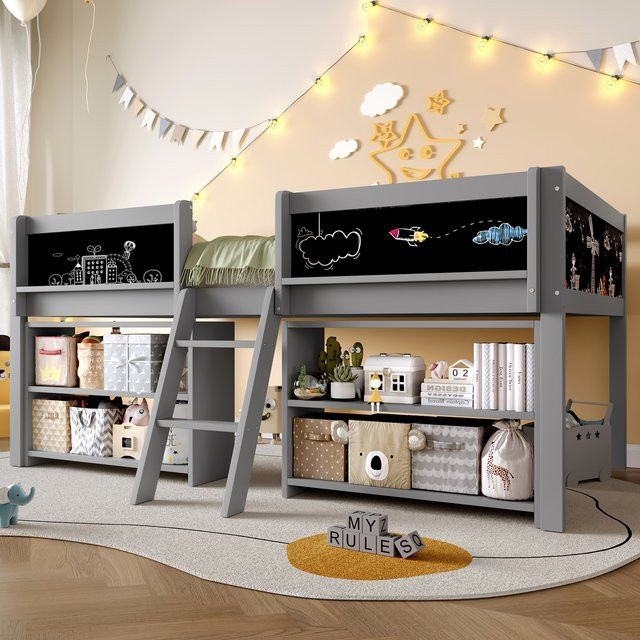 HAUSS SPOLE Kinderbett aus Massivholz mit Tafel, Stauraum und Geländer, Grau, B/T: 90 x 200 cm - Bild 1
