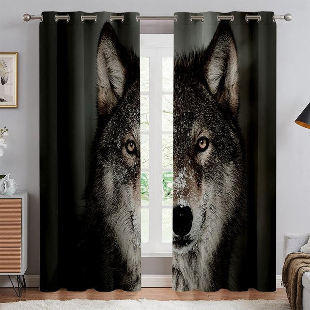 Yiran Furniture Vorhang Set mit Wolf und Sternenhimmel Motiv, 2er Pack, halbtransparent, Mehrfarbig, B: 50 cm, H: 140 cm - Bild 1