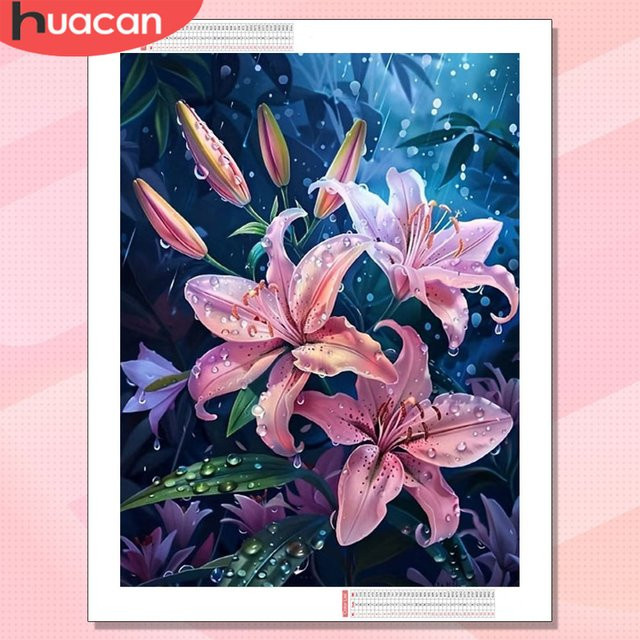 HUACAN Diamond Painting Lilien-Blumenbild mit runden Steinen in Multicolour, florale Wanddekoration für dein Zuhause, B/H: 30,0 x 20,0 cm - Bild 1