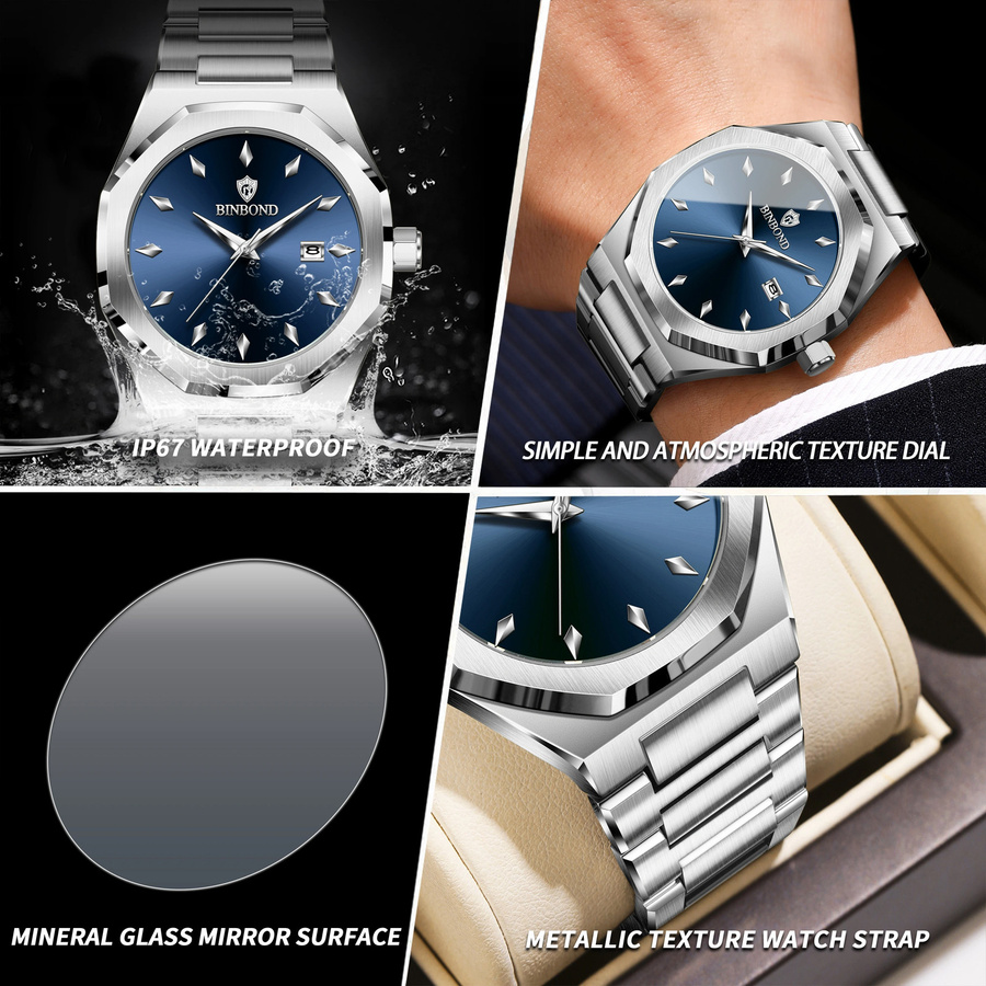 BINBOND Armbanduhr Edelstahl, Quarz, Blau, Herren - Bild 3