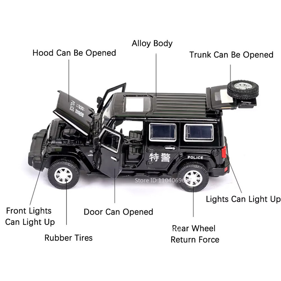MAKEDA Wrangler Polizeiauto Modell, 1:32, Metalldruckguss, mit Licht und Sound - Bild 2