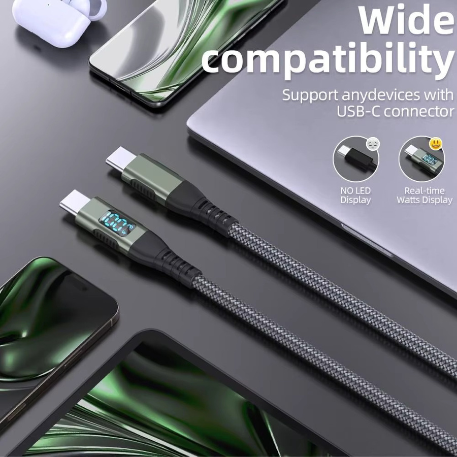 LAIHONEN USB-C zu USB-C Kabel mit LED-Anzeige, 100W PD Schnellladung und 480Mbps Datenübertragung, Nylon-Ummantelung, Schwarz - Bild 3