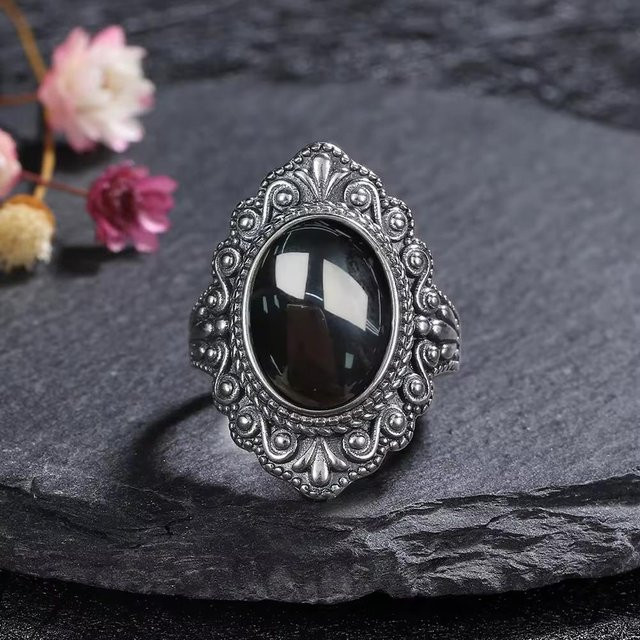 Ring 925 Silber, Schwarzer Onyx, Vintage, Damen, Männer - Bild 1