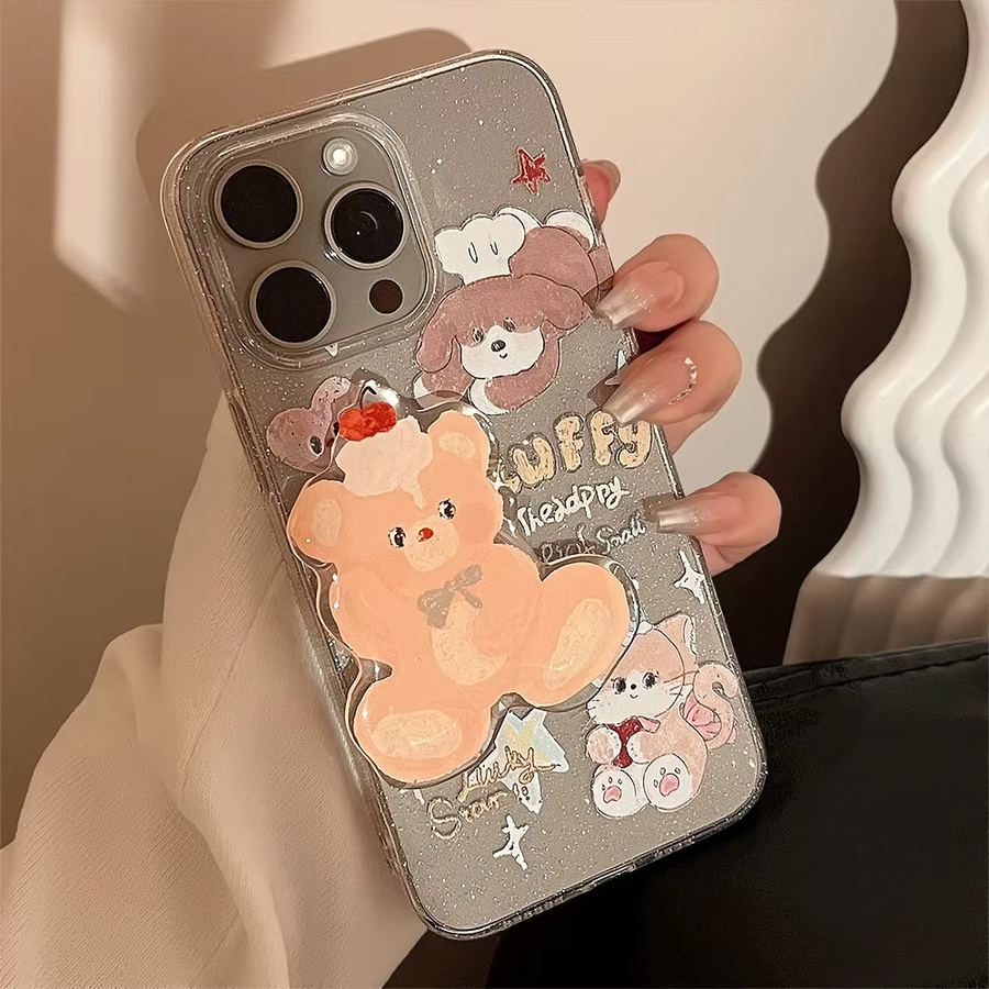 MUQGEW Handyhülle mit süßem Bär-Cartoon-Design für iPhone 11 12 13 14 15 16 Pro Max, transparent und glitzernd, stoßfeste Schutzhülle - Bild 4