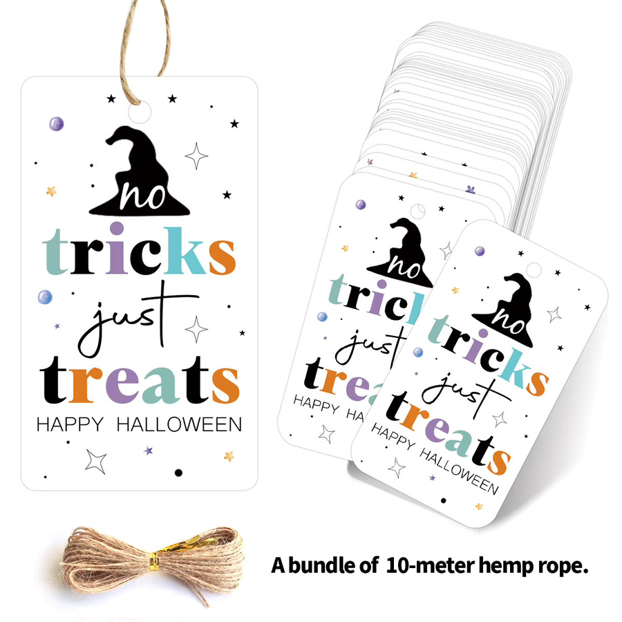 50 Stück Halloween No Tricks Just Treats Anhänger aus Papier mit Hanfseil zur Dekoration von Geschenktüten und Partyverpackungen - Bild 2