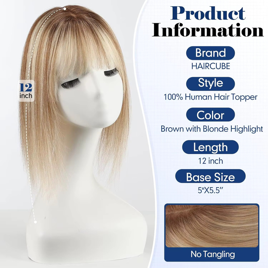 HAIRCUBE Echthaar-Toupet mit Pony, Braune Blonde Highlight, 12 Zoll, Damen - Bild 3