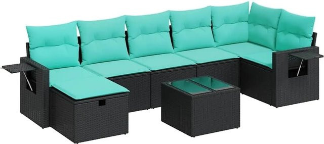 vidaXL 8-teilige Garten-Sofagarnitur in L-Form aus schwarzem Poly-Rattan mit UV-beständigen Kissen und pulverbeschichtetem Stahlgestell - Bild 1