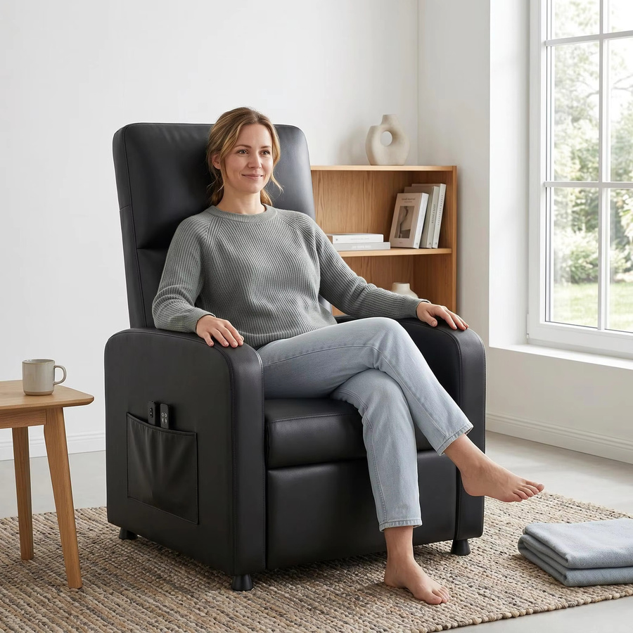Garvee Elektrischer Massagesessel in Schwarz mit Liegefunktion, Wärmefunktion und Lendenstütze, TV-Sessel aus Kunstleder mit USB-Anschluss und Seitentasche - Bild 5