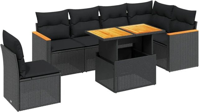 vidaXL 7-teilige Garten-Sofagarnitur in L-Form aus schwarzem Poly-Rattan mit Kissen und pulverbeschichtetem Stahlrahmen - Bild 1