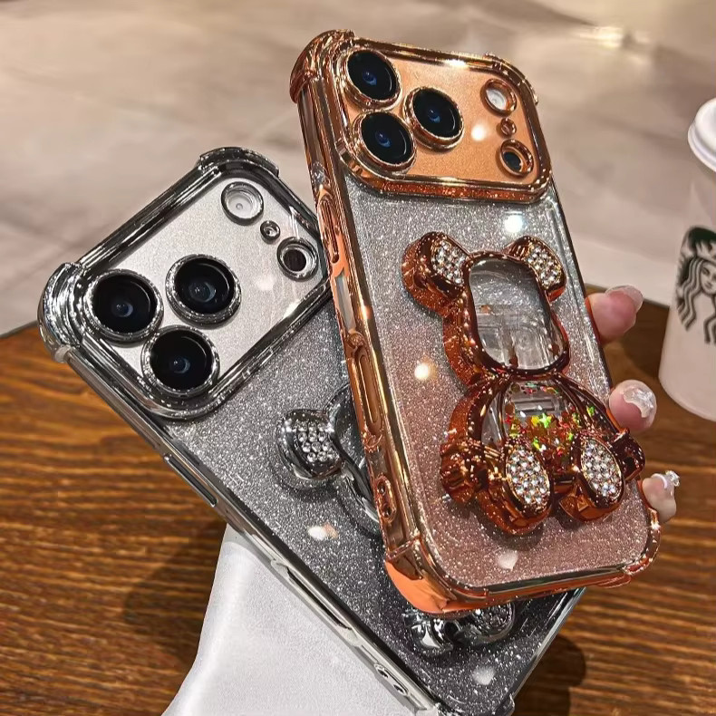 NUCWIN Glitzer Quicksand Bären Schutzhülle mit Ständer für iPhone 11 bis iPhone 17 Pro Max Plus in Schwarz - Bild 2