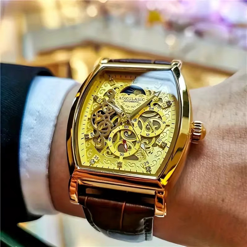 AOKULASIC Armbanduhr Automatik, Tonneau, Gold, Leder, Herren - Bild 3