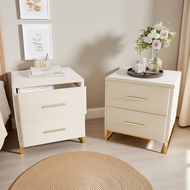 Comanlai Nachttisch-Set aus 2 Stück in Beige, moderner Beistelltisch mit Metallgriffen für Schlafzimmer und Wohnzimmer - Bild 1