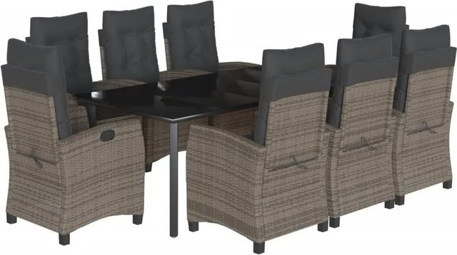 vidaXL 9-teilige Garten-Essgruppe aus Poly-Rattan mit Kissen in Grau und Tisch aus gehärtetem Glas - Bild 1