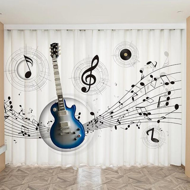 Moderner Vorhang mit Musiknoten-Design für Klavier und Geige, halbtransparent, Weiß, Breite: 100 cm, Höhe: 130 cm - Bild 1