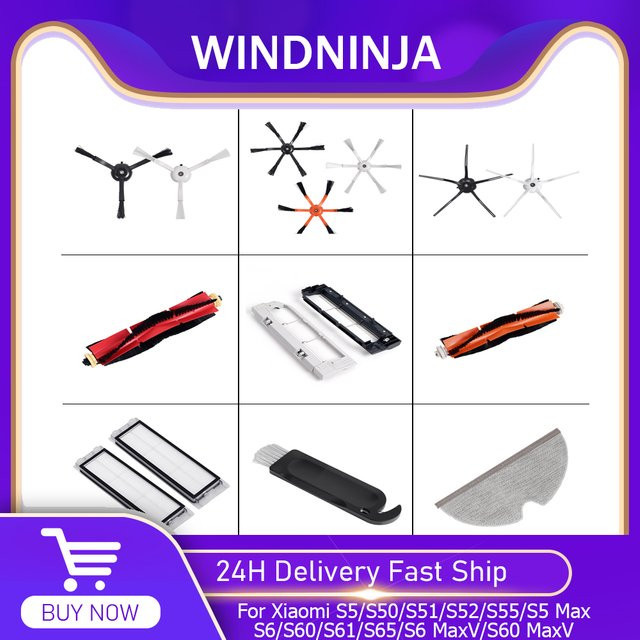 WINDNINJA Zubehör-Set für Roborock S50 S51 S55 S6 S60 S61 S65 S5 S6 MaxV S6 Pure mit HEPA-Filter, Hauptbürste und Seitenbürste aus Kunststoff - Bild 1
