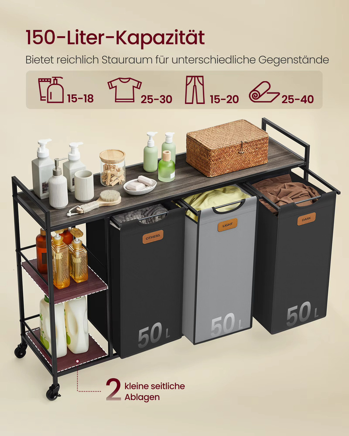 VASAGLE Wäschekorb mit 3 Fächern und Rollen, Wäschesammler 150 L mit abnehmbaren Taschen und Ablagen, Farben: Braun, Schwarz, Grau - Bild 2