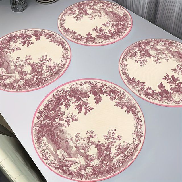 VIKAMA 4er Set Tischset American Retro mit Blumenfiguren und Landschaftsmuster in Multicolor - Bild 1